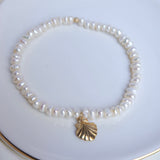 Freshwater Pearl + 14k Gold Shell Charm Bracelet