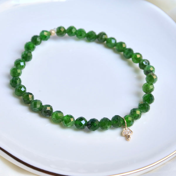 Diopside + 14K Diamond Mushroom Charm Bracelet
