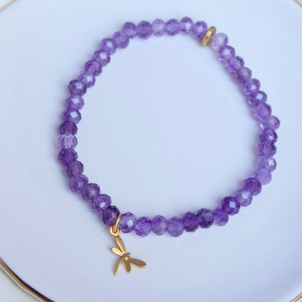 Amethyst + Sterling Silver Dragonfly Charm Bracelet
