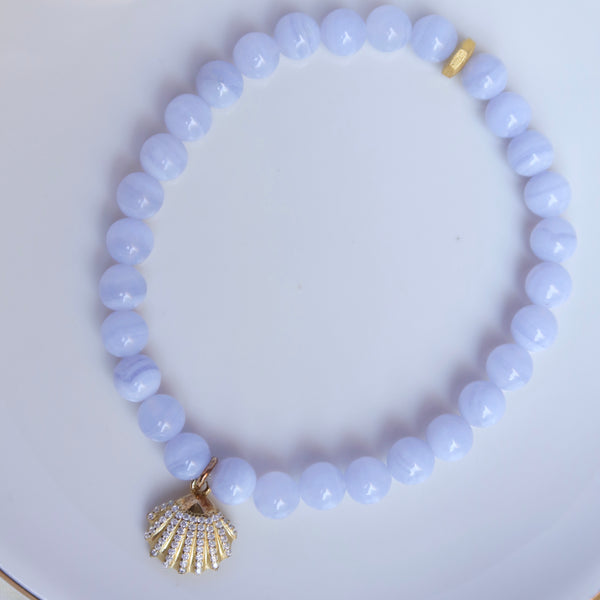 Blue Lace Agate + Sterling Silver Sparkling Shell Charm Bracelet