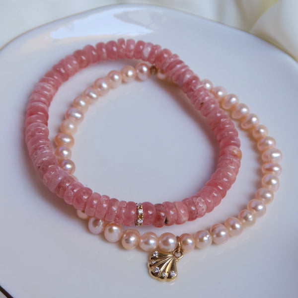 Blush Pearl + 14K Gold Diamond Shell Charm Bracelet