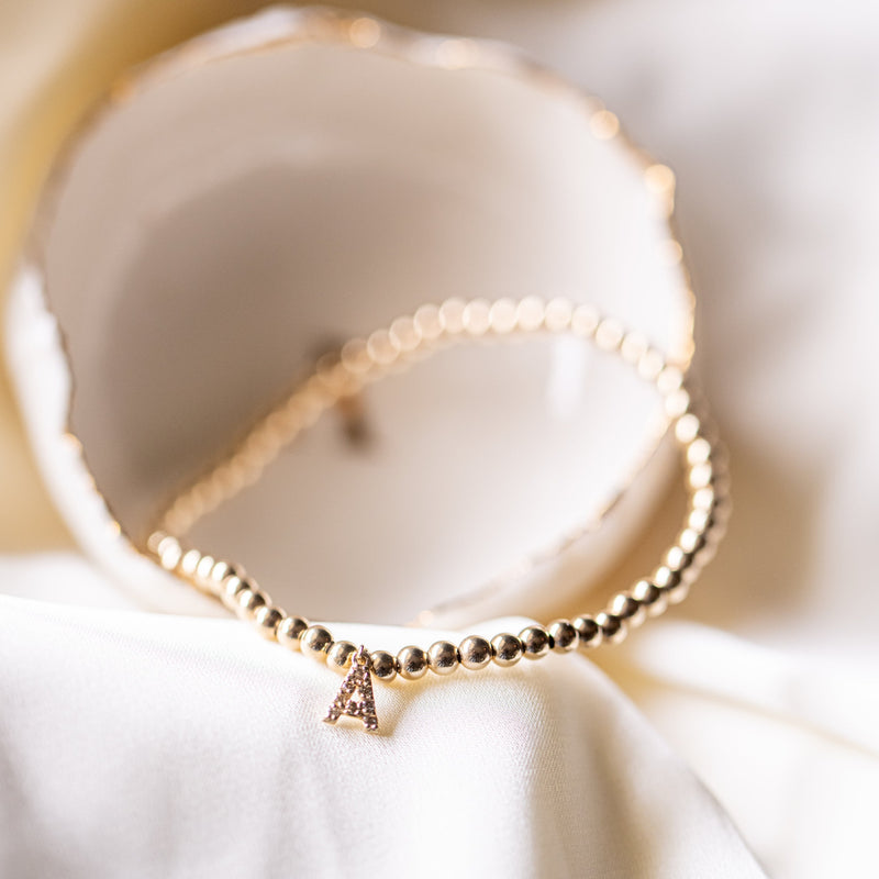 Bracelet • 14K Gold with Diamond Paved Initial • 3mm